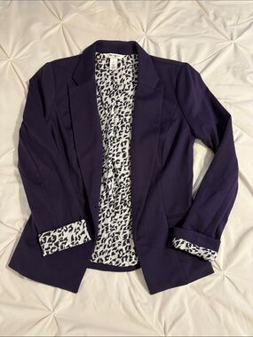 White House Black Market Purple Open-Front Blazer with Leopard Trim